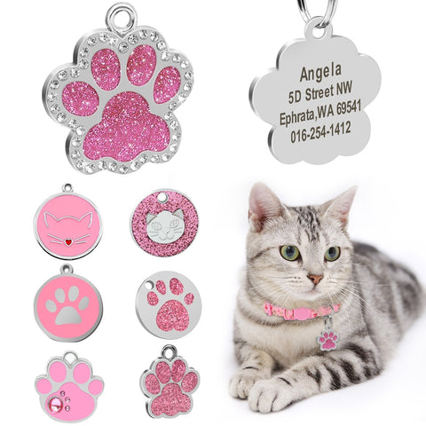 Custom Cat ID Tag Personalized Cat Name Tag Pendant Collar Engraved Cats Kitten Name Plate Accessories Paw Round Glitter Pink