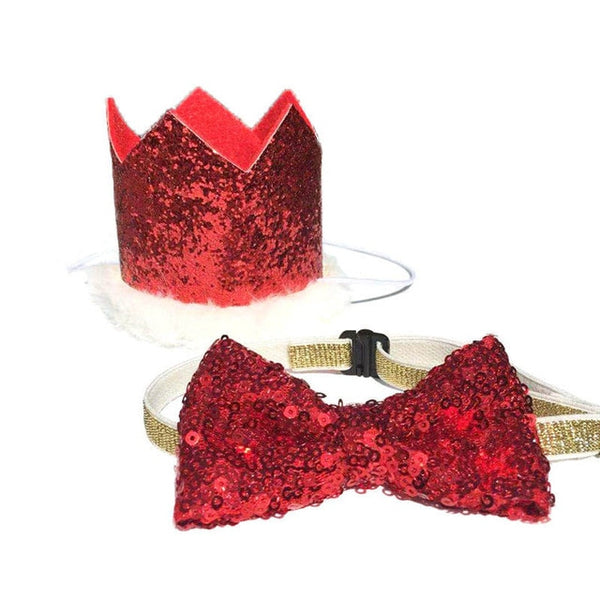 Christmas Pet Dog Cat Bow Tie and Cap Cute Red Bowknot Tie Collar Adjustable Pom-poms Topper for Dog Party Dog Cap Pet Accessory